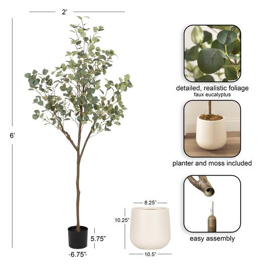 Kate and Laurel 6ft. Eudora Faux Eucalyptus Tree with Cream Planter